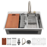 Sarlai 33 Inch Waterfall Kitchen Sink Drop In - 33x22 Waterfall Drop Workstation Stainless Steel 16 Gauge Multifunction Single Bowl Smart Top Mount Kitchen Sink with Faucet Combo
