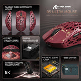 ATTACK SHARK R5 Ultra Wireless Gaming Mouse,39g Superlight Carbon Fiber Hollowed-Out,PAW3950MAX Optical Sensor Nordic 52840 MCU 8K Polling 42K DPI,Tri-Mode Programmable Mice with Coiled Cable-Red