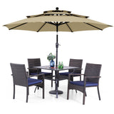 PHI VILLA 5pc Patio Dining Set with Umbrella, Square Table, Rattan Chairs