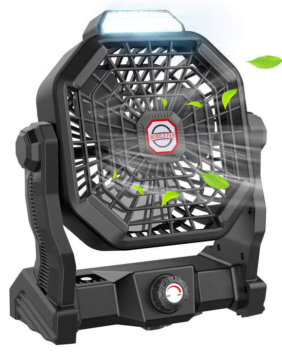Camping Fan with LED Lantern, 10400 mAh 9 Inch Rechargeable Battery Powered Fan with 270°Head Rotation, Stepless Speed and Quiet Battery Operated Tent Fan for Picnic, Barbecue, Fishing, Travel, Home JINLICTE