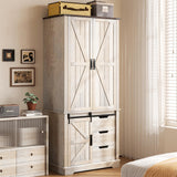 GlouMod 71" Tall Farmhouse Armoire Wardrobe Closet with 3 Drawers and Sliding Barn Door, 3 Doors Wooden Wardrobe Cabinet Clothing Storage Cabinet Organizer, Neoclassical White