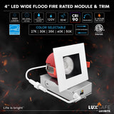 LUXRITE 6-Pack 4 Inch Square LED Recessed Lights with J-Box, 5CCT 2700K-5000K, 2 Hour Fire Rating, 15 Watts, 1000 Lumens, 60° Spotlight, Dimmable, IC Rated, Wet Rated, ETL - Black/White Trim