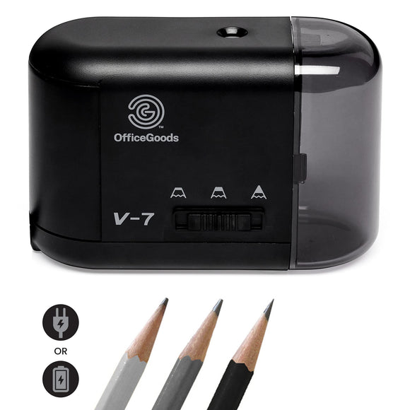 Electric Pencil Sharpener - Battery or Cord Powered Portable Sharpener - Perfectly Sharpens Colored Pencils - Black OfficeGoods