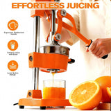 Jusfoouo Cast Iron Citrus Juicer - 13.8LB Heavy Duty Manual Orange Press, 304 Stainless Steel Cup & Strainer, Professional Lemon Grapefruit Pomegranate Squeezer for Home Bar Kitchen, Orange