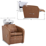 BarberPub Backwash Shampoo Station Chair, Adjustable Porcelain Ceramic Hair Wash Bowl Sink Unit Station, Reclining Shampoo Station Chair for Spa Beauty Salon Hair Salon Equipment 9303 (Brown)