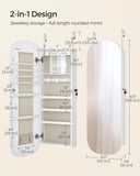 SONGMICS Jewelry Organizer, LED Jewelry Cabinet Wall/Door Mounted, Lockable Rounded Wide Mirror with Storage, Interior Mirror, 3.9 x 16.5 x 42.5 Inches, White Surface with Greige Lining