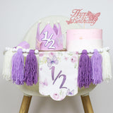 Purple Handmade Half Birthday Decorations, 6 Month Party Set with High Chair Banner, Hat & Cake Topper, Half Way to One Baby Girl Decorations Party for 1/2 Birthday Girl Photoshoot Props