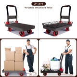 2IN1 Heavy Duty Platform Trucks Flatbed Carts, Push Cart Dolly 1760lbs Capacity Hand Trucks w/Detachable Solid Steel Wire Fence