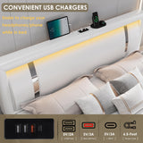Keyluv Queen Bed Frame with RGB LED Lights Headboard & 2 Storage Drawers, Modern Upholstered Faux Leather Smart Platform Iron Metal Decor, USB USB-C Charging Ports, No Box Spring Needed, White