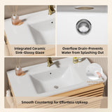 VNN 32 Inch Bathroom Vanity with Ceramic Sink - Freestanding Modern Bathroom Storage Vanity Cabinet with Fluted Design, Soft-Close Doors, Shelves, Toilet Paper Holder & Towel Hooks, Natural Oak