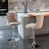 MOOLSUN Rotating Velvet Bar Stools Set of 6, Modern Padded with Nailhead Trim and Tufted Back, Adjustable Swivel Counter Height Stools for Kitchen Island, Bar,Khaki(Silver Base)