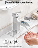 HOIGY Waterfall Chrome Bathroom Faucet, Brass 4 Inch Bathroom Faucets One Hole or 3 Hole, Single Handle with PP Drain, Deck Plate, Hot and Cold Supply Hoses for RV Lavatory Restroom, 5 Mins Install