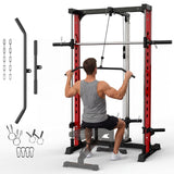 Garvee Smith Machine, 1000LBS Multi-Functional Smith Machine Home Gym, Squat Rack with LAT-Pull Down System, Power Rack with Barbell Bar, Black/Red