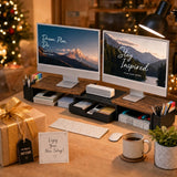 OPNICE Desk Organizers and Accessories, Dual Monitor Stand Riser with Drawer and 2 Pen Holders, Desk Shelf Computer Racks & Printer Stand for Office Workspace Organizers, Desktop Organization (Rustic Brown)