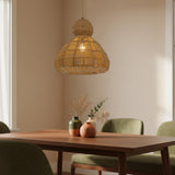 Modern Handmade Rattan Pendant Light Coastal Boho 1-Light 20 in. Brown Scalloped Ceiling Light for Foyer, Dining Room with Woven Shade