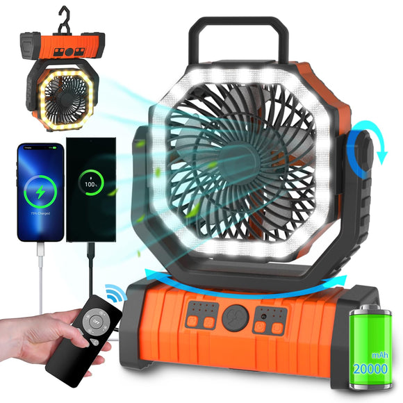 ADUST Camping Fan Battery Operated Powered Fan with LED Lantern Light 20000mAh Rechargeable Portable Fan, Oscillating Fan with 360° Rotation Hanging Hook for Tents, Cordless USB Desk Fan(Orange) ADUST