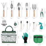 Gardening Hand Tool Kit 14PCS Heavy Duty Stainless Steel Garden Tool Set with Floral Garden Tote