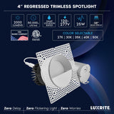 LUXRITE 4-Inch LED Trimless Recessed Spotlight with White Wall Washer Trim Replacement 25W, 2000LM, 2700K-5000K, 38° Beam Angle, Dimmable, Push-n-Lock, CRI90, Damp & IC Rated, ETL White (4 Pack)