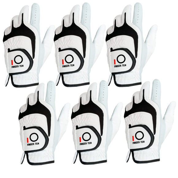 FINGER TEN Golf Gloves Men Right Left Handed Golfer 6 Pack (White-6 Pack, M/Large, Left)