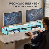 Desk Organizers and Accessories, Dual Monitor Stand Riser with Drawer and 2 Pen Holders, Desk Shelf Computer Racks & Printer Stand for Office Workspace Organizers, Desktop Organization (Blue)