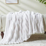 NEWCOSPLAY Super Soft Twin Blanket White Premium Silky Flannel Fleece 3D Ribbed Jacquard Lightweight Bed Blanket All Season Use (White Ribbed, Twin(60"x80"))