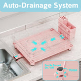 Dish Drying Rack - Space Saving Dish Rack - Dish Racks for Kitchen Counter with Drainboard,Rustproof Dish Drainer with Removable Utensil Holder, Pink
