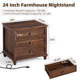 Joaxswe Farmhouse Nightstand Set of 2 with Charging Station, 24" Wide End Table with 3 Drawers,Dresser for Bedroom,Bed Side Table Chest of Drawers Cabinet,Wood Brown Night Stand for Living Room
