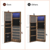 SONGMICS 6 LEDs Mirror Jewelry Cabinet, 47.2-Inch Tall Lockable Wall or Door Mounted Jewelry Armoire Organizer with Mirror, 2 Drawers, 3.9 x 14.6 x 47.2 Inches, Rustic Brown UJJC93CB