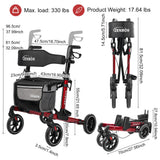 Rollator Walker for Seniors/Adults Foldable in Two Directions Rolling Walker with Seat 330 lbs Capacity 4 Big 8 inch Wheels Hand Grips Adjustable Height Lightweight Aluminum Walker 7204(Red)