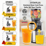 VITAPLUS Stainless Steel Auger Cold Press Juicer, AC Motor Slow Masticating Juicer, Plastic-Free Extractor for Whole Fruits & Vegetables, 5.8" Wide Chute, BPA-Free, Easy to Clean, FDA21 CFR Tested