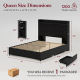 Uteeran Queen Size Bed Frame with 2 Bedside Storage Racks & 4 Locking Drawers, 51.2" Tall Headboard with Charging Station & RGB LED Lights, Farmhouse Platform Bed Frame, No Box Spring Needed, Black