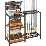 Fishing Rod Holders for Garage, Fishing Pole Rack with 3 Tier shelf, Heavy Duty Fishing Pole Holders with Pegboard and Basket, Freestanding Fishing Rod Rack Hold up to 12 Fishing Rods, Black