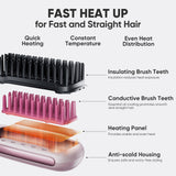 Beautigo Ionic Hair Straightener Brush, Professional Corded Straightening Comb with 3 Temps, 20s Fast Heating & Anti-Scald, Portable Hair Styler for Silky Shine, Rose Gold