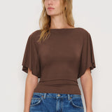 SeeLuNa Women Cinched Waist Shirts Stretchy Dolman Sleeve Boat Neck Knit Top Trendy Streetwear Outfits Basic Workout Tee Tops(Brown,L)