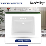 DeerValley 21x18 Inch Rectangular Ceramic Drop-in Bathroom Sink, Under Counter Vessel Sink with Overflow, White Vanity Basin, DV-1DS0122
