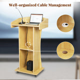Podium Stand with Metal Wheels Wooden Lectern Podium Stand Portable Pulpit Standing with Storage