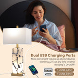 Natural Marble Table Lamps Set of 2: 3-Color Temperatures Alabaster Lamp with Nightlight, Bedside lamps with USB Ports, Bedroom Lamps for Night Stands End Table lamps for Living Room, Bulbs Included