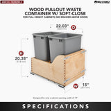 Rev-A-Shelf Double Pullout Trash Can, Min Cabinet Opening 15" W, 35 Qt