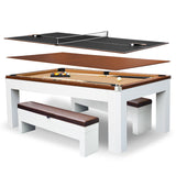 Hathaway Newport II 7 Foot Dining Pool Table Combo with Game Accessories, & 2 Benches – Multifunctional Billiards Table with Ping Pong & Dining Top – White Finish, Walnut Accents, Camel Felt