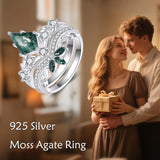 Oseew Natural Moss Agate Ring for Women 2CT Kite Cut 2 Pieces Engagement Ring Set 10K/14K/18K Solid Gold/Sterling Silve Personalized Wedding Leaf Vintage Bridal Promise Ring for Women (Style 1