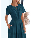 BTFBM Womens Summer 2026 Casual Midi Maxi Dresses Lightweight Short Sleeve V Neck Elastic Waist Boho Beach Dress Pockets(Lake Blue, XX-Large)