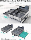 SUNLY Large Dish Drying Rack, Expandable Dish Racks for Kitchen Counter, Space Saving 304 Stainless Steel Drying Rack Kitchen, Extra Large Drainer with Multifunctional Flip Up Pegs, Gray