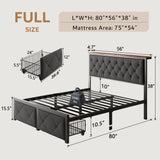 iPormis Full Bed Frame with 2 Storage Drawers, Linen Upholstered Headboard Platform Bed with Charging Station, No Box Spring Needed, Metal Slats Support, Noise-Free, Easy Assembly, Grey