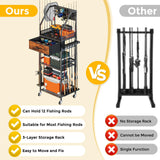 JIRTEMOT Fishing Rod Holder Organizer with Fabric Drawer & Pegboard, Space-Saving Garage Storage for 12 Rods, Reels, Tackle Boxes, Portable Fishing Gear Cart for Easy Access & Mobility
