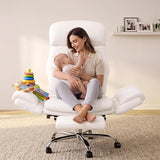 SEDETA Cross Legged Office Chair with Flip Armrests, 4 Headrest Angles, Big and Tall Criss Cross Chair with 30'' High Back, 155° Reclining, Foot Rest, Waist Pillow, Wide Seat, White PU Leather