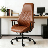 Leather Desk Chair, Mid Century Modern Office Chair, Brown | Lumbar Support, Ergonomic, 360° Swivel, Rubber Rolling Wheels, Adjustable Height, for Adults