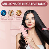 Negative Ionic Hair Straightener Brush with 9 Temp Settings, 30s Fast Heating Hair Straightening Comb with LED Display, Anti-Scald & Auto-Shut Off Hair Brush Straightener for Women (Pink)