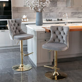 MOOLSUN Rotating Velvet Bar Stools Set of 4, Modern Padded with Nailhead Trim and Tufted Back, Adjustable Swivel Counter Height Stools for Kitchen Island, Bar, Club,Gray(Gold Base)