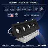 LUXRITE 4-Head Regressed Gimbal LED Recessed Spotlight, 360°+15° Adjustable, 5CCT 2700K-5000K, CRI90, 60W, 4000 Lumens, 60° Beam Angle, Rectangular Black Finish, Dual Dimmable, IC & Wet Rated (4 Pack)