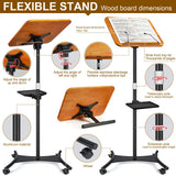 2 in 1 Dual-use Music Stand & Desktop Book Stand, Adjustable Height 16.5"-51", 100% Solid Wood Laptop Floor Stand Book Holder with Elastic Page Clips for Cookbooks (Brown with Tray and Wheels)